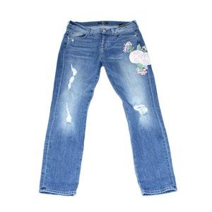 7 For All Mankind Distressed Straight Leg Flower Embroidered Jeans